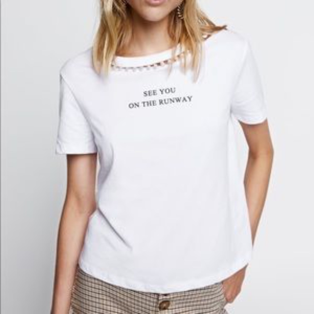 Zara "See You On The Runway" Pearl Neck T Shirt
